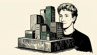 Meta's enterprise AI push: Mark Zuckerberg beside a massive AI foundation block supporting a cluster of office buildings. Identity photo references adapted into illustration: Jeff Sainlar; Social Producer and Editor, Meta (CC BY-SA 4.0; https://creativecommons.org/licenses/by-sa/4.0); source https://commons.wikimedia.org/wiki/File:Mark_Zuckerberg_(2025)_(cropped).jpg
