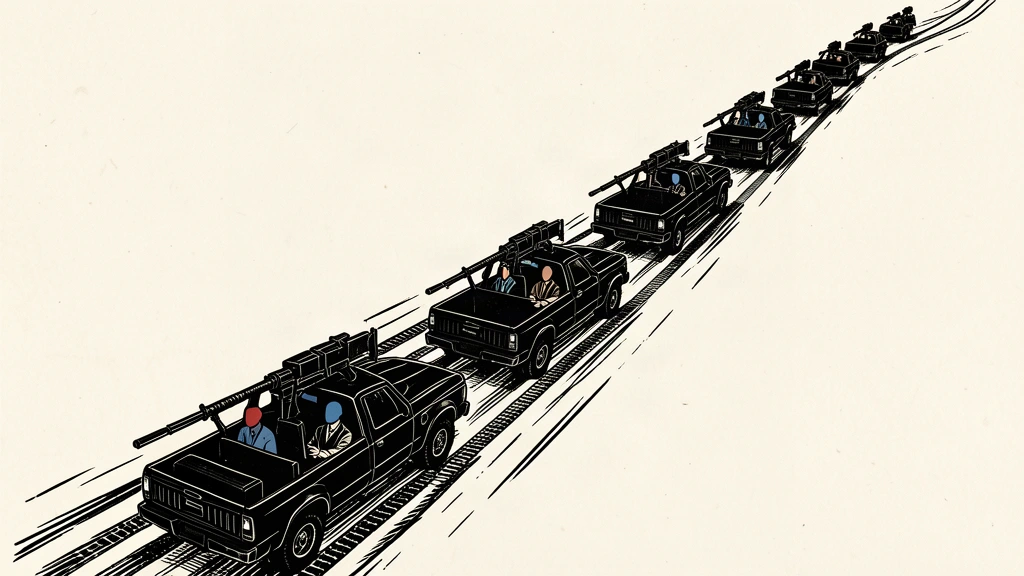 An editorial illustration showing a long, winding convoy of armed pickup trucks crossing a vast, empty desert landscape.