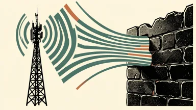 US-EU spectrum access dispute: a tall signal tower's waves are blocked by a heavy stone wall.