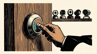 Amazon Ring smart lock and home cameras: a hand turns the dial of a smart lock on a wooden door, with five security cameras lined up in the background.