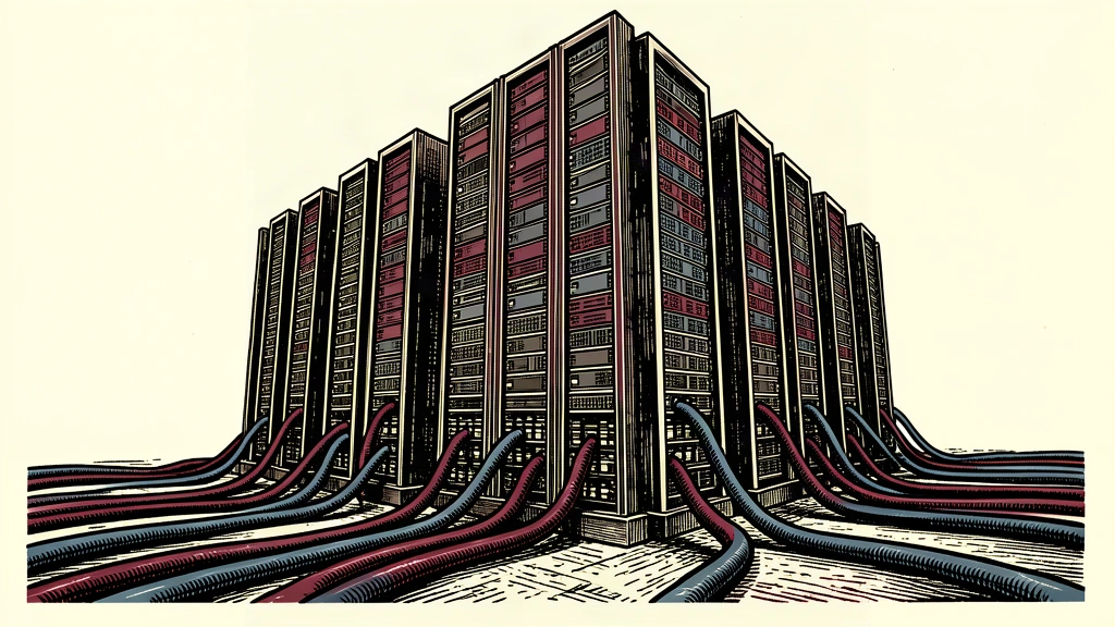 An editorial illustration showing a massive block of AI server racks powered by heavy industrial electrical cables, representing a massive compute expansion.