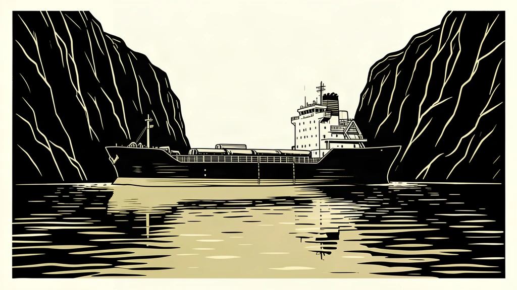 An oil tanker waits at the entrance of a narrow passage between two steep cliffs.