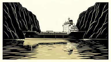 An oil tanker waits at the entrance of a narrow passage between two steep cliffs.
