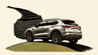Lucid Gravity demand regaining momentum: the aerodynamic SUV crests a rising slope followed by a dense stack of identical vehicle silhouettes.