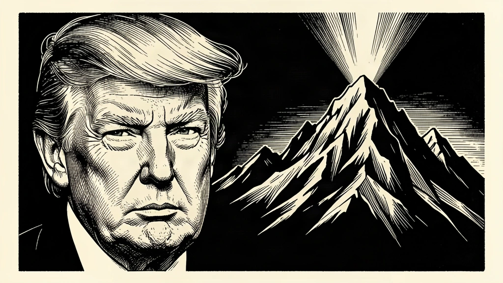 An editorial illustration showing a portrait of Donald Trump looking toward a shadowed mountain peak, symbolizing a threat of military strikes. Identity photo references adapted into illustration: Daniel Torok (Public domain; https://commons.wikimedia.org/wiki/File:Official_Presidential_Portrait_of_President_Donald_J._Trump_(2025).jpg); source https://commons.wikimedia.org/wiki/File:Official_Presidential_Portrait_of_President_Donald_J._Trump_(2025).jpg