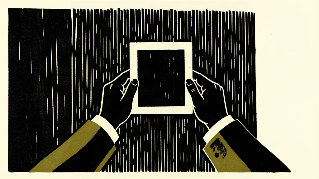 A pair of hands holds a small frame against a solid, impenetrable wall of dark ink, illustrating the difficulty of seeing through persistent economic shocks.