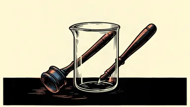Immunovant under investigation after trial failure: a heavy legal gavel rests against an empty, dry laboratory beaker.