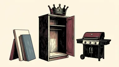 The Home Depot 2026 Innovation Award winners: a kitchen cabinet wearing a crown beside a grill and a stack of drywall panels.