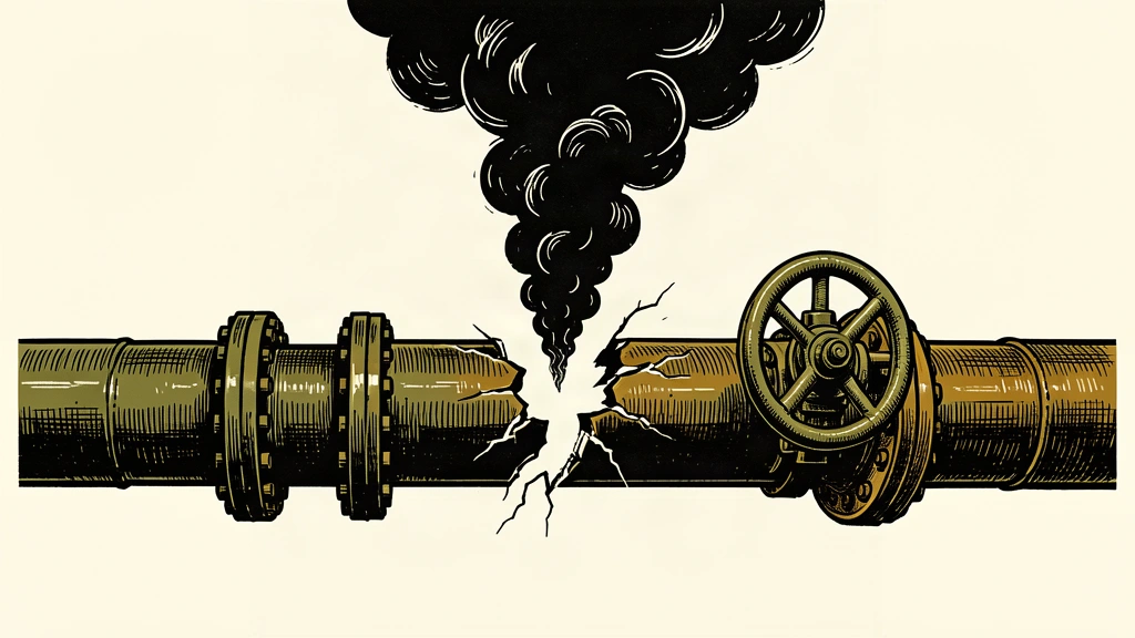 An editorial illustration of a ruptured oil pipeline with a locked valve and rising smoke.