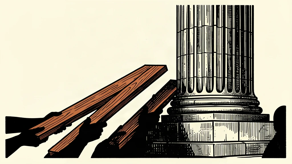 A heavy stone column is being tilted upward by two wooden planks wedged under its base.