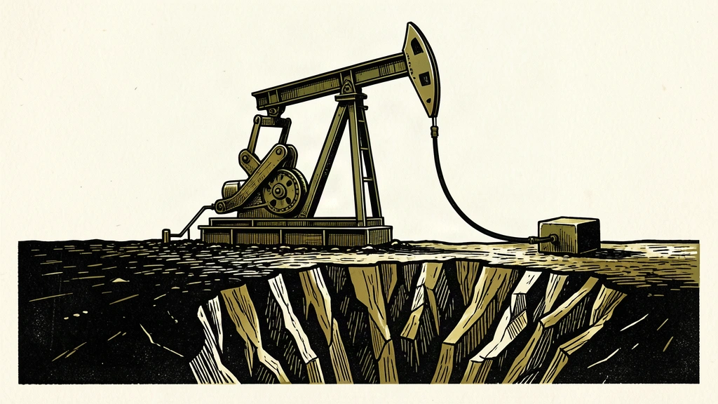 An oil pumpjack operating on the edge of a steep cliff, anchored by a heavy cable to represent a high-stakes investment amidst political instability.