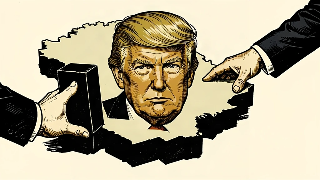 An editorial illustration showing a hand providing a structural support block to a silhouette of Greenland while Donald Trump reaches for the island from the opposite side. Identity photo references adapted into illustration: Daniel Torok (Public domain; https://commons.wikimedia.org/wiki/File:Official_Presidential_Portrait_of_President_Donald_J._Trump_(2025).jpg); source https://commons.wikimedia.org/wiki/File:Official_Presidential_Portrait_of_President_Donald_J._Trump_(2025).jpg