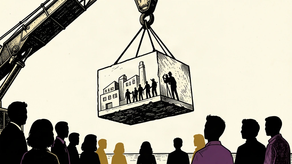 An editorial illustration showing a heavy stone block carved with industrial figures being lifted upward by a crane hook.