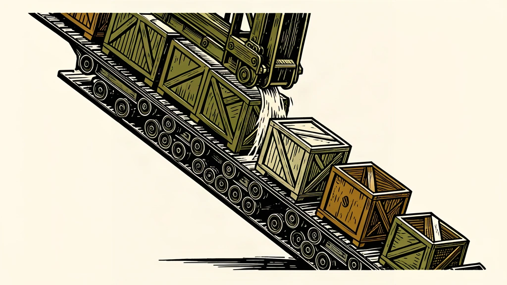 An editorial illustration showing industrial crates on a conveyor belt moving upward against the resistance of a heavy press, representing rising producer prices.
