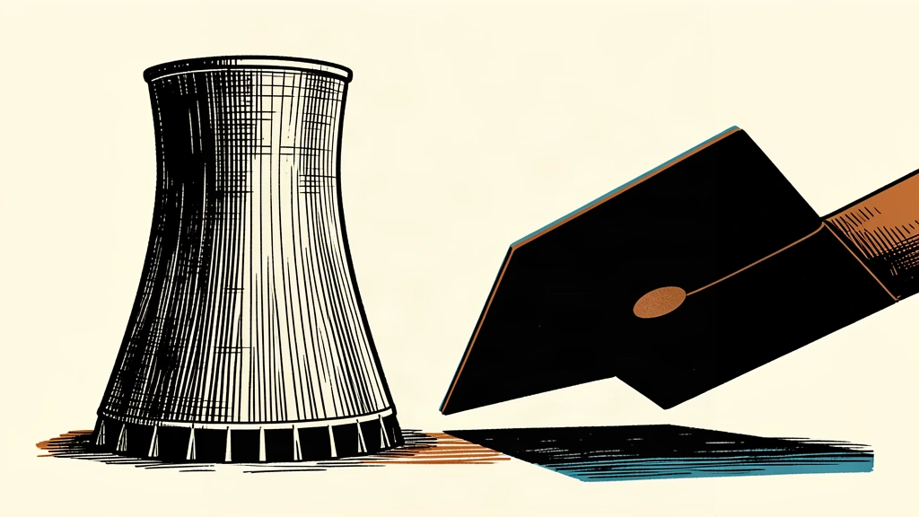 An editorial illustration showing a large nuclear cooling tower being confronted by a heavy document folder sliding toward it.