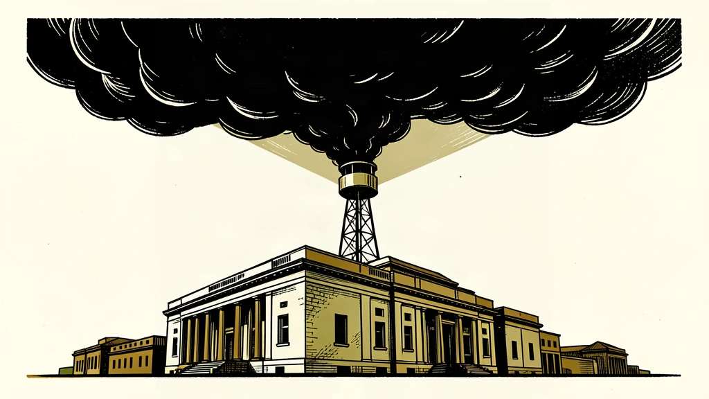 An editorial illustration showing a solid architectural base under a heavy dark cloud, with a spotlight beam monitoring the pressure.