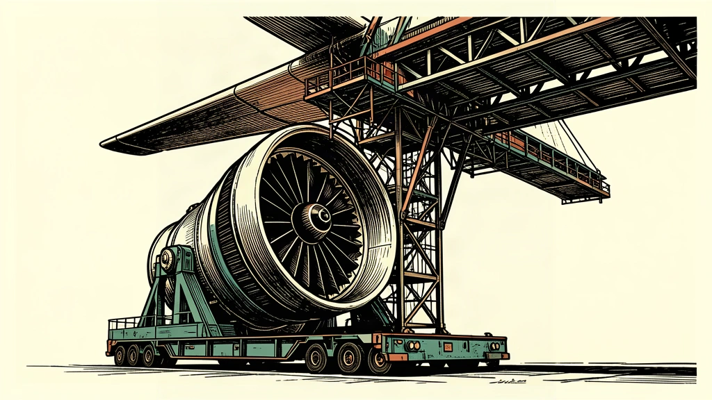 An editorial illustration showing a large jet engine being aligned with a heavy aircraft wing section.