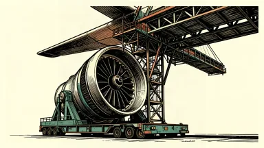 An editorial illustration showing a large jet engine being aligned with a heavy aircraft wing section.