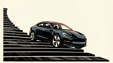 Tesla stock climbs on China sales growth: a stylized electric car driving up a steep, rising curve made of thick horizontal bars.