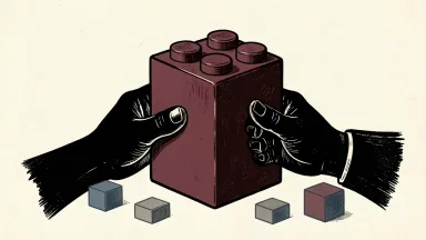 Mattel under pressure for a sale: a large toy building block is held by two silhouetted hands against a minimalist background.