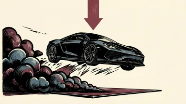 Tesla Roadster hovering above a platform with visible thruster exhaust as a downward arrow indicates the stock price decline.