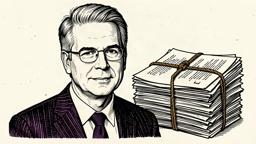 A portrait of Scott Bessent next to a bound stack of legal documents. Identity photo references adapted into illustration: United States Department of the Treasury (Public domain; https://commons.wikimedia.org/wiki/File:Official_portrait_of_Treasury_Secretary_Scott_Bessent.jpg); source https://commons.wikimedia.org/wiki/File:Official_portrait_of_Treasury_Secretary_Scott_Bessent.jpg