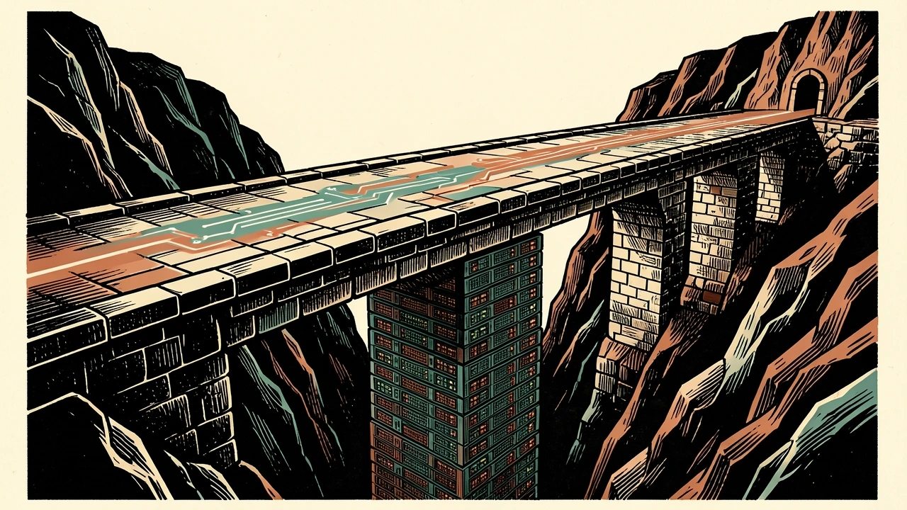 Meta faces a 2027 earnings trough before an AI payoff: a massive stone bridge supported by a central pillar of server racks spanning a deep valley.
