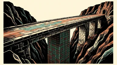Meta faces a 2027 earnings trough before an AI payoff: a massive stone bridge supported by a central pillar of server racks spanning a deep valley.