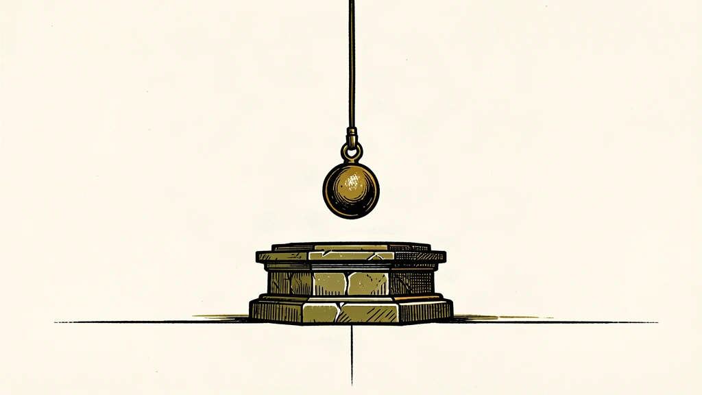An illustration of a heavy stone plinth perfectly aligned with a mark on the ground, beneath a stationary pendulum, representing a steady economic outlook.