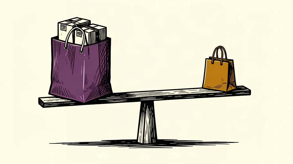 An editorial illustration showing a heavy shopping bag outweighing a lighter one on a balance scale, representing retail sales exceeding expectations.