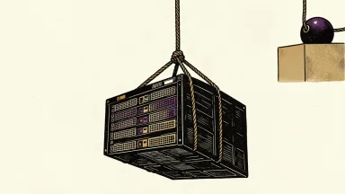 CoreWeave and Nebius upgraded on AI compute pricing power: a heavy server rack is pulled upward by a weighted rope.
