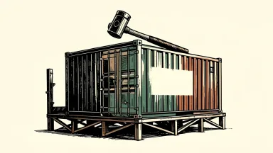 Fluence Energy facing a securities fraud lawsuit: a large industrial battery container tilting on an unfinished steel foundation under the weight of a gavel.