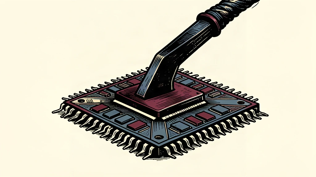 An editorial illustration of a large computer chip being held down by a heavy mechanical lever, symbolizing the development slowdown in the AI sector.
