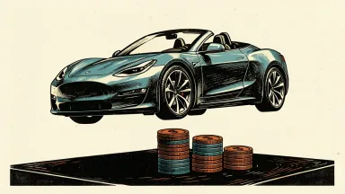 Tesla Roadster flies above a stage as leaning coin stacks represent questioned Anthropic valuation.