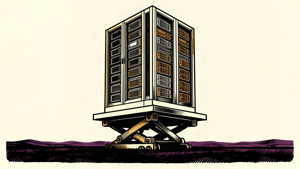 A tall server rack being lifted high on a mechanical platform against a vast ivory background.