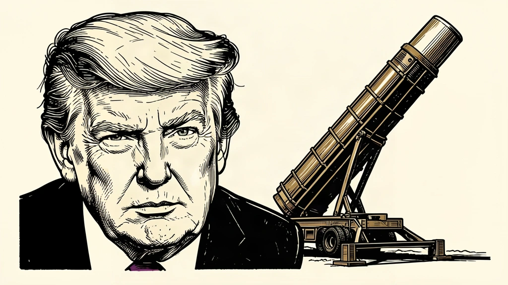 A portrait of Donald Trump next to a Patriot missile launcher angled toward the sky. Identity photo references adapted into illustration: Daniel Torok (Public domain; https://commons.wikimedia.org/wiki/File:Official_Presidential_Portrait_of_President_Donald_J._Trump_(2025).jpg); source https://commons.wikimedia.org/wiki/File:Official_Presidential_Portrait_of_President_Donald_J._Trump_(2025).jpg