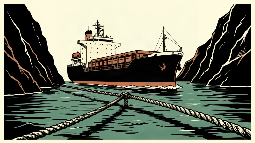 An editorial illustration of a cargo ship navigating a narrow strait defined by a boundary rope.