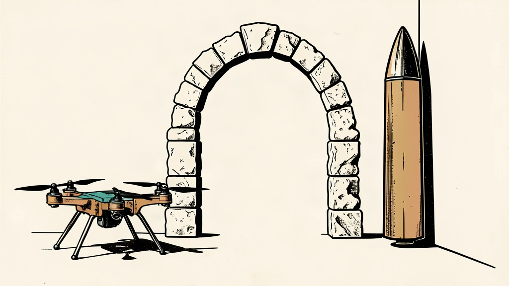 A linocut illustration of a crumbled stone archway flanked by a grounded drone and a vertical projectile.