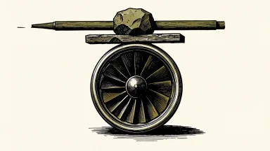 Honeywell Aerospace initiated at Neutral by Goldman Sachs: a jet engine turbine sits beneath a perfectly balanced stone weight on a horizontal beam.