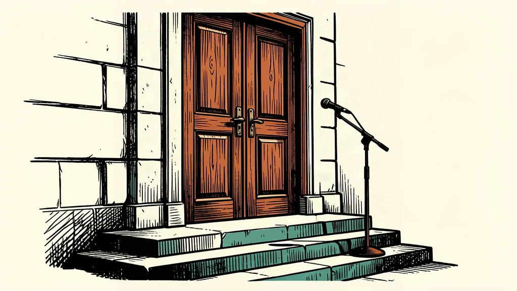 An empty microphone stand sits outside a large, closed set of formal doors, representing a blocked diplomatic address.