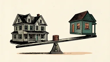 Zillow rental data showing the disparity in housing value: a large suburban house and a small apartment building on a balance scale.