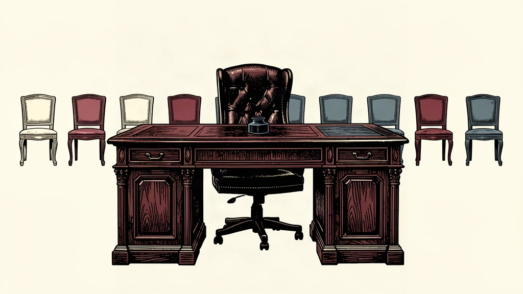 A sturdy executive desk and chair remain in place, facing a row of empty chairs across a wide gap.