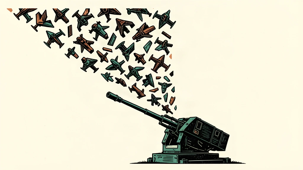 An editorial illustration showing a cluster of broken, tumbling drone silhouettes falling from the sky above a stationary anti-aircraft gun.