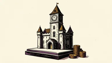 Disney's castle with a clock tower stands beside a small stack of coins.