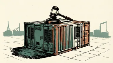 Fluence Energy faces a securities fraud class action: a large industrial battery storage unit with a legal gavel resting on its roof.