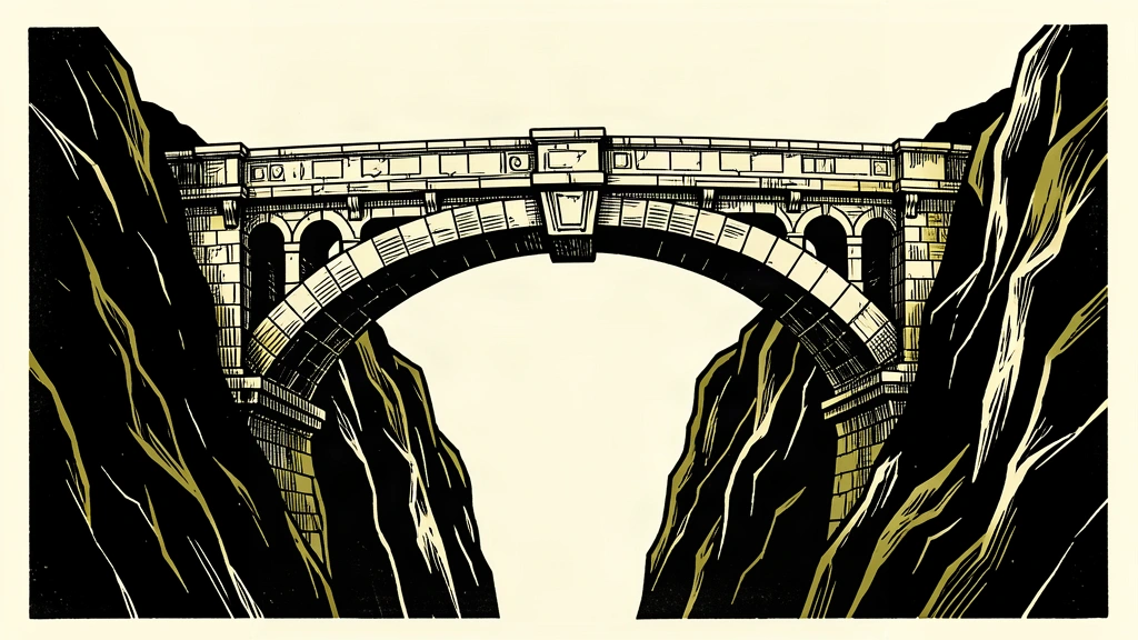An editorial illustration of a stone bridge with two different architectural styles meeting at a central keystone to span a deep chasm.