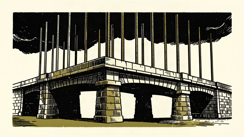 A sturdy stone bridge with vertical iron braces holding back a heavy dark mass from above.