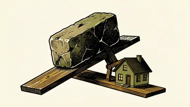 ICE Mortgage Monitor report on ARM demand: a model house rests under a jointed wooden arm as a heavy stone representing rising fixed rates tilts a balance plank.