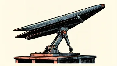 A large aerospace spoiler and its hydraulic actuator are positioned on an industrial base against a clean ivory background.
