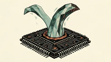 AMD stock rises on AI demand: a large computer chip at the base of a rising crystalline wave of data.